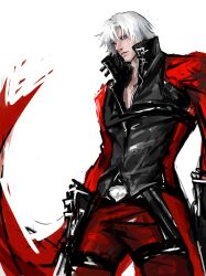 Rule 34 | 1boy, belt, bishounen, black gloves, blue eyes, canghai, coat, dante (devil may cry), devil may cry, devil may cry (series), devil may cry 2, gloves, grey eyes, gun, highres, holding, male focus, red coat, simple background, solo, thigh belt, thigh strap, weapon, white hair