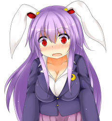 Rule 34 | 1girl, animal ears, blazer, blush, breasts, rabbit ears, cleavage, collarbone, crescent, crescent hair ornament, hair ornament, jacket, large breasts, long hair, long sleeves, md5 mismatch, open mouth, pleated skirt, purple hair, red eyes, reisen udongein inaba, shirt, skirt, solo, touhou, us2s, very long hair, wide-eyed