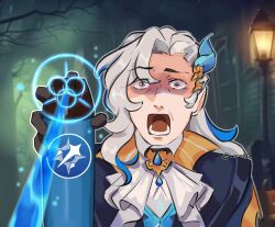 Rule 34 | 1boy, ascot, blue coat, brooch, coat, commentary, genshin impact, highres, holding, jewelry, long hair, male focus, neuvillette (genshin impact), open mouth, outdoors, purple eyes, smolsk, solo, spray can, upper body, white ascot, white hair