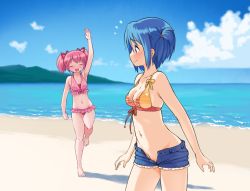 Rule 34 | 2girls, :d, ^ ^, arm at side, arm up, arms at sides, bare arms, bare legs, bare shoulders, barefoot, beach, bikini, bikini top only, blue eyes, blue hair, blue sky, blurry, blurry background, breasts, cleavage, cleft of venus, closed eyes, closed mouth, commentary, day, denim, denim shorts, english commentary, gloamy, groin, hair ribbon, highres, kaname madoka, kaname madoka (swimsuit costume), looking at another, mahou shoujo madoka magica, medium breasts, miki sayaka, miki sayaka (swimsuit costume), multiple girls, navel, no panties, ocean, open clothes, open fly, open mouth, open shorts, outdoors, pink hair, pussy, pussy peek, ribbon, running, short hair, shorts, sidelocks, sky, smile, standing, stomach, strap gap, swimsuit, thighs, two side up, unbuttoned, water, |d