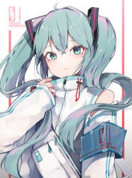 Rule 34 | 1girl, absurdres, ahoge, armband, commentary request, green eyes, green hair, hand up, hatsune miku, highres, jacket, long hair, long sleeves, looking at viewer, mayogii, parted lips, safety pin, sleeves past wrists, solo, twintails, upper body, very long hair, vocaloid, white background, white jacket