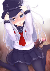 Rule 34 | 10s, 1girl, black hat, black pantyhose, black skirt, blue eyes, blush, commentary request, crying, crying with eyes open, flat cap, gengetsu chihiro, hat, hibiki (kancolle), kantai collection, long hair, long sleeves, neckerchief, open mouth, pantyhose, pleated skirt, red neckerchief, sailor collar, school uniform, serafuku, silver hair, sitting, skirt, solo, tearing up, tears, valentine, wariza