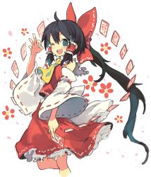 Rule 34 | 1girl, absurdres, ascot, bare shoulders, black eyes, black hair, bow, cropped legs, detached sleeves, feet out of frame, frilled skirt, frills, hair bow, hair tubes, hakurei reimu, highres, japanese clothes, long hair, looking at viewer, morino hon, nontraditional miko, ofuda, one eye closed, open mouth, red bow, red skirt, ribbon-trimmed sleeves, ribbon trim, sidelocks, simple background, skirt, smile, solo, touhou, white background, white sleeves, wide sleeves, yellow ascot