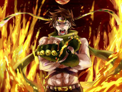 Rule 34 | 1boy, bad id, bad pixiv id, brown hair, clenched hand, clenched hands, fingerless gloves, fire, foreshortening, gloves, headband, jojo no kimyou na bouken, joseph joestar, joseph joestar (young), kamuinii, male focus, midriff, scarf, solo