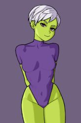 Rule 34 | 1girl, arms behind back, breasts, cheelai, closed mouth, collarbone, colored skin, covered navel, cowboy shot, dragon ball, dragon ball super, dragon ball super broly, female focus, green skin, groin, highleg, highleg leotard, leotard, looking at viewer, paid reward available, pink eyes, purple background, purple leotard, short hair, short sleeves, simple background, small breasts, smile, solo, thighs, wabaki, white hair
