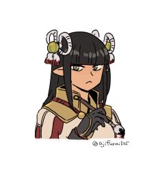 Rule 34 | 1girl, :&lt;, asaya minoru, black gloves, black hair, blunt bangs, brown eyes, closed mouth, cropped torso, gloves, hair ornament, hand up, holding, holding paintbrush, long hair, looking at viewer, minoto, monster hunter (series), monster hunter rise, paintbrush, pointy ears, simple background, solo, twitter username, upper body, white background