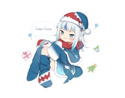 Rule 34 | 1girl, :3, adapted costume, amashiro natsuki, bloop (gawr gura), blue capelet, blue dress, blue eyes, blue hair, blue headwear, blue thighhighs, blush stickers, capelet, character name, chibi, closed mouth, commentary, dress, full body, fur-trimmed capelet, fur-trimmed dress, fur-trimmed headwear, fur trim, gawr gura, gawr gura (1st costume), hat, hololive, hololive english, knees up, multicolored hair, no shoes, red headwear, red scarf, santa costume, santa hat, scarf, sharp teeth, simple background, streaked hair, teeth, thighhighs, thighhighs pull, v-shaped eyebrows, virtual youtuber, white background, white hair