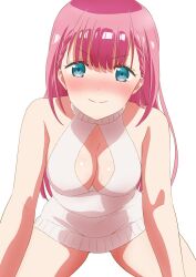 1girl aqua_eyes bare_shoulders blue_eyes blush bokutachi_wa_benkyou_ga_dekinai braid breasts cleavage cleavage_cutout clothing_cutout commentary_request commission dress highres kirisu_mafuyu komatsu_(sakanae) large_breasts long_hair looking_at_viewer meme_attire pink_hair pixiv_commission smile sweater sweater_dress thighs virgin_killer_sweater