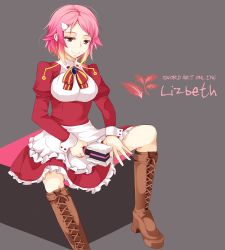 Rule 34 | 10s, 1girl, apron, boots, bow, bowtie, character name, copyright name, dress, english text, freckles, hair ornament, hairclip, hammer, knee boots, lisbeth (sao), nira (vira), pink hair, puffy sleeves, purple eyes, short hair, simple background, sitting, smile, solo, sword art online