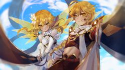 Rule 34 | 1boy, 1girl, aether (genshin impact), ahoge, bare shoulders, blonde hair, breasts, cleavage, cloud, cloudy sky, detached sleeves, dress, earrings, flower, genshin impact, hair between eyes, hair flower, hair ornament, holding, holding sword, holding weapon, jewelry, long hair, looking at viewer, lumine (genshin impact), medium breasts, navel, siblings, sky, sword, tanned banana, twins, weapon, yellow eyes
