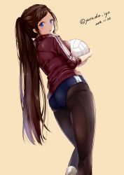 Rule 34 | 10s, 1girl, 2016, :o, ass, ball, beige background, black pantyhose, blue eyes, blush, breast press, breasts, brown hair, buruma, commentary, date pun, dated, gym uniform, hair ornament, hairclip, highres, holding, holding ball, jacket, legs, long hair, looking at viewer, looking back, loose socks, medium breasts, number pun, open mouth, original, pantyhose, pantyhose under buruma, ponytail, ribbed legwear, school uniform, simple background, sleeves rolled up, socks, socks over pantyhose, solo, thighs, tights day, track jacket, track suit, twitter username, very long hair, volleyball, volleyball (object), white socks, yoshida iyo
