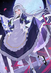 Rule 34 | 1girl, alternate hair length, alternate hairstyle, apron, black footwear, blue dress, blush, braid, clothes lift, dress, dress lift, falken (yutozin), gloves, grey hair, hair between eyes, highres, izayoi sakuya, juliet sleeves, lifting own clothes, long hair, long sleeves, maid, maid apron, maid headdress, open mouth, pantyhose, puffy sleeves, red eyes, shoes, smile, solo, sword, touhou, twin braids, weapon, white apron, white gloves, white pantyhose