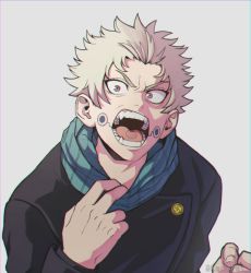 Rule 34 | 1boy, black jacket, blonde hair, blue scarf, chromatic aberration, clenched hand, commentary, english commentary, facial tattoo, fangs, gakuran, grey background, highres, inumaki toge, jacket, jujutsu kaisen, jujutsu tech uniform, kentret, long sleeves, looking at viewer, male focus, open mouth, purple eyes, scarf, scarf pull, school uniform, short hair, simple background, solo, tattoo, teeth, tongue, tongue tattoo, twitter username, upper body, watermark