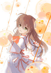 Rule 34 | 1girl, absurdres, ahoge, arm at side, back bow, balloon, blush, bow, braid, brown hair, commentary, cowboy shot, crown, dress, eyes visible through hair, floating hair, flower, frilled sleeves, frills, from side, green eyes, hair between eyes, hair flower, hair ornament, hand up, happy, highres, holding, holding balloon, juliet sleeves, kanbe kotori, kazamatsuri institute high school uniform, long hair, long sleeves, looking at viewer, mini crown, neck ribbon, nkross, parted lips, pink flower, puffy sleeves, red ribbon, rewrite, ribbon, school uniform, sidelighting, simple background, smile, solo, twin braids, white background, white bow, white dress, wide sleeves