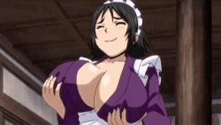 Rule 34 | 1girl, animated, animated gif, black hair, breasts, bursting breasts, cafe chichiminazu manager, cleavage, grabbing own breast, huge breasts, lowres, maid, manyuu hikenchou, open mouth, solo, takagi jun, upper body