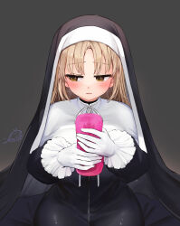Rule 34 | 1girl, artificial vagina, black dress, blonde hair, blush, breasts, brown eyes, brown hair, capelet, commentary request, dress, festa11307070, frilled gloves, frills, full-length zipper, gloves, grey background, habit, high collar, holding, large breasts, light brown hair, long dress, long hair, long sleeves, looking to the side, nijisanji, nun, open mouth, sex toy, signature, simple background, sister claire, sister claire (1st costume), smile, solo, straight hair, traditional nun, virtual youtuber, white capelet, white gloves, yellow eyes, zipper, zipper dress