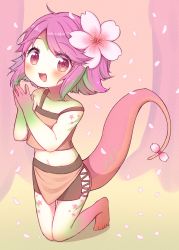 Rule 34 | 1girl, :d, absurdres, barefoot, blush, chiico 1111, colored skin, flower, green hair, hair flower, hair ornament, highres, kneeling, league of legends, looking at viewer, multicolored hair, multicolored skin, navel, neeko (league of legends), open mouth, own hands together, purple hair, short hair, smile, tail