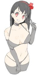Rule 34 | 1girl, absurdres, bad id, bad twitter id, bare shoulders, bikini, black hair, breasts, choker, cowboy shot, cropped legs, donguri suzume, elbow gloves, gloves, grey bikini, grey gloves, grey neckwear, grey thighhighs, grin, hairband, hand up, highres, large breasts, long hair, looking at viewer, navel, no pupils, red eyes, simple background, smile, solo, swimsuit, thighhighs, v, white background
