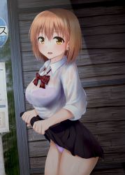 Rule 34 | 1girl, absurdres, airi (satosi), black skirt, blush, bow, bra, breasts, clothes lift, dress shirt, earrings, highres, jewelry, large breasts, lifting own clothes, looking at viewer, miniskirt, open mouth, orange hair, original, panties, pantyshot, pleated skirt, purple bra, purple panties, rain, road sign, satosi, school uniform, see-through, shirt, short hair, sign, skirt, skirt lift, sleeves rolled up, solo, standing, stud earrings, underwear, wet, wet clothes, wet hair, white shirt, wringing clothes, wringing skirt, yellow eyes