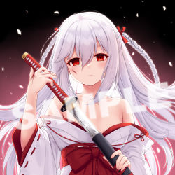 Rule 34 | 1girl, absurdres, allenes, bow, braid, closed mouth, commentary, empty eyes, fubuki (warship girls r), hair between eyes, hair bow, hakama, hakama skirt, highres, holding, holding sword, holding weapon, japanese clothes, katana, kimono, long hair, looking at viewer, miko, off shoulder, red bow, red eyes, red hakama, sample watermark, sheath, silver hair, skirt, solo, sword, twin braids, unsheathing, upper body, very long hair, warship girls r, watermark, weapon, white kimono