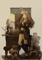 Rule 34 | 1girl, ankle boots, player character (mabinogi), baiguiyu, black shorts, blunt bangs, boots, brown eyes, brown footwear, brown hair, brown jacket, cabinet, closed mouth, commentary request, contrapposto, crossed arms, feathers, globe, hand up, highres, holding, jacket, long hair, long sleeves, looking up, mabinogi, open clothes, open jacket, quill, scroll, short shorts, shorts, socks, solo, squirrel, stool
