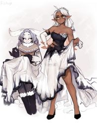 Rule 34 | 2girls, :&gt;, absurdres, ahoge, animal hands, antennae, arthropod girl, artist name, bare shoulders, black sclera, boots, breasts, bridal veil, capelet, collarbone, colored sclera, commentary, dark-skinned female, dark elf, dark skin, dress, elbow gloves, elf, english commentary, frown, fur-trimmed boots, fur collar, fur trim, gloves, gradient hair, hand on own hip, highres, insect girl, matilda fiship, medium breasts, monster girl, moth girl, mother lumi (matilda fiship), multicolored hair, multiple girls, muscular, muscular female, neck fur, needle, no pupils, olivia (matilda fiship), original, pointy ears, sewing, simple background, sitting, sparkle, spread legs, torn clothes, torn dress, torn gloves, veil, wedding dress, white eyes, white hair, yellow eyes