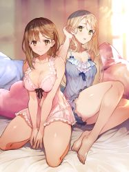 Rule 34 | 2girls, atelier (series), atelier ryza, atelier ryza 2, babydoll, bare arms, bare legs, bare shoulders, barefoot, blonde hair, breasts, brown eyes, brown hair, chemise, cleavage, collarbone, highres, klaudia valentz, large breasts, lingerie, long hair, looking at viewer, medium hair, multiple girls, official art, on bed, panties, pillow, reisalin stout, see-through, seiza, side-tie panties, sitting, spaghetti strap, thick thighs, thighs, toes, toridamono, underwear, yellow eyes