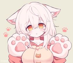 Rule 34 | 1girl, :o, aliceyawnin, animal ear fluff, animal ears, animal hands, blush, breasts, cat ears, cat paws, collarbone, hands up, highres, hood, hood down, large breasts, long hair, open mouth, orange eyes, original, paw print, paw print background, pink hood, sidelocks, solo, white hair, yellow background