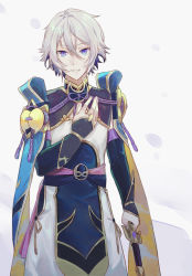 Rule 34 | 1boy, armor, bad id, bad pixiv id, blue eyes, chinese armor, chinese clothes, csyday, fate/grand order, fate (series), grey hair, hair between eyes, hand on own chest, highres, holding, holding sword, holding weapon, looking at viewer, male focus, prince of lan ling (fate), smile, solo, sword, weapon
