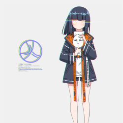 Rule 34 | 1girl, barcode, bare legs, black hair, black shorts, blunt bangs, chromatic aberration, commentary request, feet out of frame, glitch, grey background, hands up, highres, holding, holding mask, jacket, kuro kosyou, light trail, looking at viewer, mask, medium hair, no mouth, noppera-bou, open clothes, open jacket, original, shorts, simple background, solo, standing, straight hair