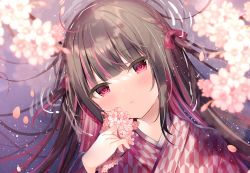 Rule 34 | 1girl, black hair, blurry, blurry foreground, blush, branch, closed mouth, commentary request, depth of field, flower, hand up, head tilt, highres, japanese clothes, kimono, long hair, long sleeves, looking at viewer, mafuyu (chibi21), multicolored hair, original, pink flower, pink hair, red eyes, solo, streaked hair, upper body, yagasuri
