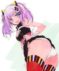 Rule 34 | 1girl, ass, bare shoulders, black dress, blue eyes, breasts, cleavage cutout, clothing cutout, dress, hair ornament, hairclip, kaguya luna, large breasts, looking at viewer, obi, open mouth, panties, purple hair, red thighhighs, sash, short hair, silver hair, simple background, sleeveless, sleeveless dress, solo, standing, the moon studio, thighhighs, twintails, underwear, virtual youtuber, white panties, yumesato makura