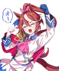 Rule 34 | 1girl, animal ears, asymmetrical gloves, blue eyes, blue gloves, bow, bowtie, brown hair, closed eyes, coat, gloves, hair between eyes, hair ribbon, horse ears, horse girl, horse tail, long hair, looking at viewer, mismatched gloves, misu kasumi, multicolored hair, open mouth, ponytail, ribbon, simple background, skirt, smile, solo, tail, tokai teio (umamusume), umamusume, uniform, upper body, white background, white gloves