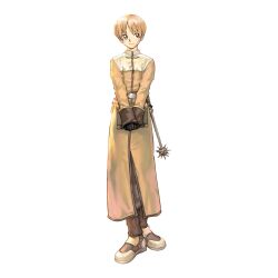 Rule 34 | 1boy, 2000s (style), acolyte (ragnarok online), armored boots, blonde hair, bob cut, book, boots, brown eyes, brown footwear, brown gloves, brown pants, cassock, closed mouth, full body, gloves, highres, holding, holding book, long sleeves, looking afar, looking to the side, mace, male focus, medium bangs, myung-jin lee, official art, pants, ragnarok online, short hair, simple background, smile, solo, spiked mace, spikes, standing, tachi-e, transparent background, weapon