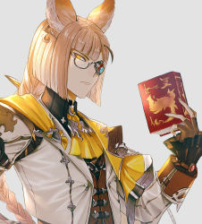 Rule 34 | 1boy, animal ears, ascot, asymmetrical bangs, black shirt, blonde hair, blunt bangs, book, braid, braided ponytail, brown gloves, brown vest, closed mouth, collared shirt, fingerless gloves, frown, gloves, granblue fantasy, grey background, highres, holding, holding book, jacket, kuruto., long hair, long sleeves, looking at viewer, low ponytail, lu woh (granblue fantasy), male focus, monocle, semi-rimless eyewear, shirt, simple background, solo, upper body, vest, white jacket, yellow ascot, yellow eyes