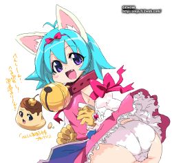 Rule 34 | 00s, 1girl, ahoge, aliasing, animal ears, ass, bell, blue hair, blush, blush stickers, bow, cat ears, collar, dress, fang, food, gloves, happy, jingle bell, looking at viewer, looking back, magical girl, nhk ni youkoso!, onija taro, panties, pantyshot, pudding, purple eyes, pururin, short hair, simple background, smile, underwear, white background