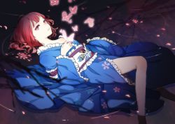 Rule 34 | 1girl, aloin.g, bug, butterfly, female focus, bug, japanese clothes, looking at viewer, lying, obi, on back, partially submerged, petals, pink hair, red eyes, red hair, saigyouji yuyuko, sash, short hair, solo, touhou, water