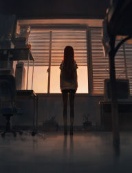 Rule 34 | 1girl, black footwear, window blinds, box, chair, computer, computer tower, crt, desk, dino (dinoartforame), from behind, from below, highres, long hair, makise kurisu, monitor, off shoulder, office chair, pantyhose, paper roll, plant, steins;gate, sticky note, swivel chair, television, window