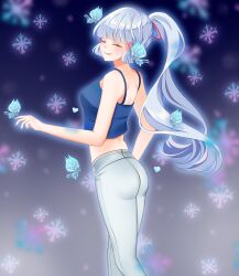 Rule 34 | 1girl, ass, ayaka (genshin impact), bare shoulders, blue hair, closed eyes, commentary, english commentary, genshin impact, grin, high ponytail, highres, light blue hair, midriff, non-web source, self-upload, smile, snowflake background, solo, spaghetti strap