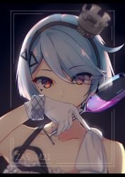 Rule 34 | 1girl, absurdres, ahoge, bare shoulders, blue hair, bracelet, character name, collarbone, covering own mouth, crown, cup, dress, drinking glass, eyes visible through hair, girls&#039; frontline, gloves, hair ornament, hairband, hairclip, highres, jewelry, looking at viewer, mini crown, official alternate costume, orange eyes, portrait, short hair, solo, strap, swept bangs, teay (ttttteay), white dress, white gloves, wine glass, zas m21 (girls&#039; frontline), zas m21 (white queen) (girls&#039; frontline)
