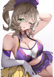 Rule 34 | 1girl, absurdres, alternate costume, arm behind head, arm up, bare shoulders, breasts, brown hair, cheerleader, cleavage, cowboy shot, crop top, detached collar, elbow gloves, genshin impact, gloves, green eyes, hair between eyes, hair ribbon, high ponytail, highres, large breasts, light blush, lisa (genshin impact), looking at viewer, midriff, navel, one eye closed, parted lips, pom pom (cheerleading), ponytail, purple ribbon, purple skirt, ribbon, simple background, single elbow glove, skirt, solo, white background, white gloves, yztp (sanmery)