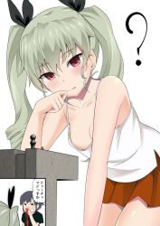 Rule 34 | 2girls, :p, ?, anchovy (girls und panzer), areola slip, black hair, black ribbon, black shirt, blood, blush, braid, breasts, camisole, casual, chess piece, closed mouth, commentary, downblouse, drill hair, girls und panzer, green hair, hair ribbon, kuku123, leaning forward, licking lips, long hair, looking at viewer, medium breasts, miniskirt, multiple girls, no bra, nosebleed, pepperoni (girls und panzer), red eyes, red skirt, ribbon, shirt, short hair, side braid, sitting, skirt, smile, sweatdrop, t-shirt, tongue, tongue out, twin drills, twintails, white background, white shirt
