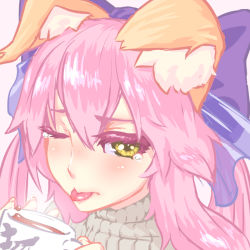 Rule 34 | 10s, 1girl, animal ears, blush, bow, cat&#039;s tongue, cup, fate/extra, fate (series), hair bow, long hair, noname (metaldragonfly), one eye closed, pink hair, portrait, ribbed sweater, solo, sweater, tamamo no mae (fate/extra), tears, tongue, tongue out, yellow eyes