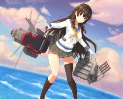 Rule 34 | 1girl, black socks, blush, breasts, brown hair, closed mouth, gloves, grey skirt, highres, isokaze (kancolle), kantai collection, kneehighs, long hair, long sleeves, looking at viewer, medium breasts, miniskirt, red eyes, skirt, smile, socks, solo, standing, thighhighs, white gloves, yellow neckwear, zilaishui