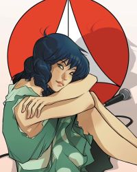 Rule 34 | 1girl, asian, blue eyes, blue hair, cable, choujikuu yousai macross, comic cover, commentary, cover image, crossed arms, dress, english commentary, from side, green dress, highres, karl kerschl, long hair, looking at viewer, lynn minmay, macross, microphone, nail polish, official art, pink nails, robotech, roundel, shadow, sitting, sleeveless, sleeveless dress, smile, solo, western comics (style)