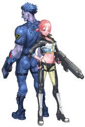 Rule 34 | 1boy, 1girl, animification, back-to-back, bad cghub id, bad id, blue hair, blue skin, boots, choker, colored skin, crop top, cropped jacket, fingerless gloves, gloves, gun, hair over one eye, hand on own hip, hip focus, jessica cannon, john blade, midriff, navel, pink hair, sin (game), smile, weapon