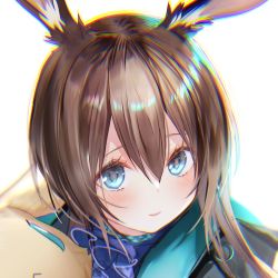 Rule 34 | 1girl, amiya (arknights), animal ears, arknights, ascot, blue ascot, blue eyes, blue jacket, blush, brown hair, chromatic aberration, close-up, commentary request, frilled ascot, frills, head tilt, holding, holding stuffed toy, jacket, long hair, multicolored eyes, portrait, pottsness, rabbit ears, simple background, smile, solo, stuffed animal, stuffed rabbit, stuffed toy, white background