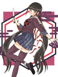 Rule 34 | 1girl, alternate color, alternate costume, black footwear, brown hair, danganronpa (series), danganronpa v3: killing harmony, from side, hair ornament, hair scrunchie, harukawa maki, highres, holding, holding knife, knife, long hair, looking at viewer, looking to the side, low twintails, miniskirt, mole, mole under eye, multicolored background, open mouth, red eyes, red shirt, red thighhighs, scrunchie, shirt, shoes, skirt, solo, space print, starry sky print, thighhighs, twintails, udzuki kanae, white background, zettai ryouiki