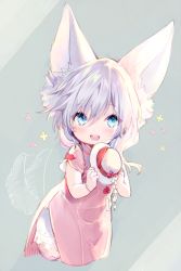 Rule 34 | 1girl, :d, afterimage, animal ear fluff, animal ears, blue eyes, blush, commentary request, cropped legs, dress, final fantasy, final fantasy xiv, hair between eyes, hat, highres, holding, holding clothes, holding hat, lalafell, mini hat, open mouth, pink dress, round teeth, short sleeves, silver hair, smile, solo, tail, tail wagging, teeth, unworn hat, unworn headwear, upper teeth only, white hat, yuya (night lily)