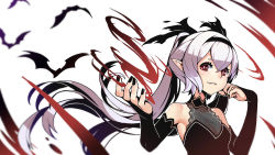 Rule 34 | 1girl, bat (animal), black nails, bridal gauntlets, fang, fang out, hairband, highres, kexue, long hair, looking at viewer, nail polish, original, outstretched arm, pointy ears, red eyes, silver hair, solo, twintails, upper body, vampire, very long hair, wind